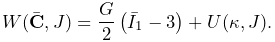 W(\bar{\bf C},J)=\frac{G}{2}\left(\bar{I}_{1}-3\right)+U(\kappa,J).