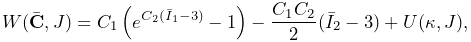 W(\bar{\bf C},J)=C_{1}\left(e^{C_{2}(\bar{I}_{1}-3)}-1\right)-\frac{C_{1}C_{2}%
}{2}(\bar{I}_{2}-3)+U(\kappa,J),