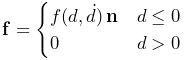 {\bf f}=\begin{cases}f(d,\dot{d})\,{\bf n}&d\leq 0\\
0&d>0\end{cases}