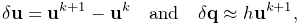 \delta{\bf u}={\bf u}^{k+1}-{\bf u}^{k}\quad\text{and}\quad\delta{\bf q}%
\approx h{\bf u}^{k+1},